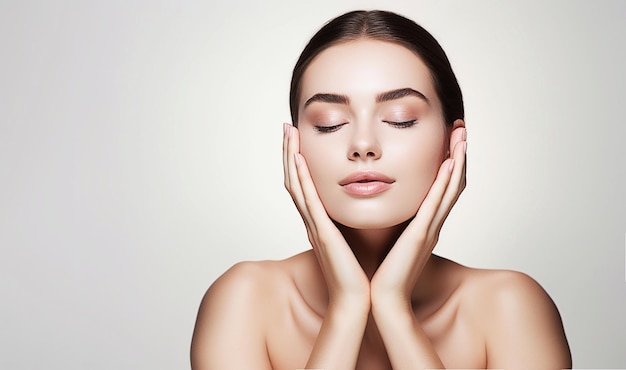 Foto ai generativo mujer joven relajada haciendo procedimiento cosmetológico tocándose la cara con los dedos