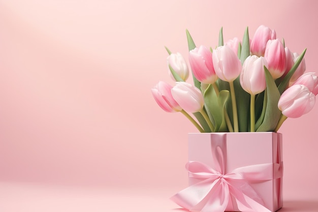 Ai generativo Ramo de tulipanes y caja de regalo sobre fondo rosa.