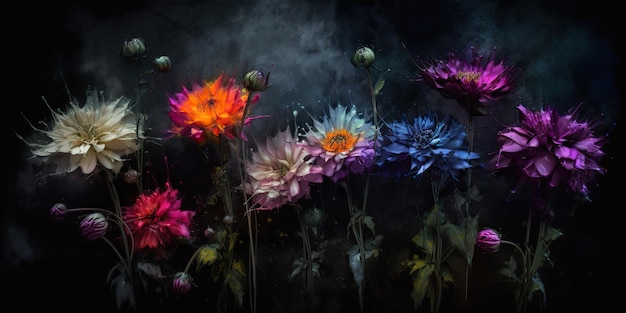 AI generiert AI Generative Schön gemalte Ölzeichnung Blumen Ästhetik Stil inspiriert von dunkler Stimmung Tim Burton Vibe Graphic Art