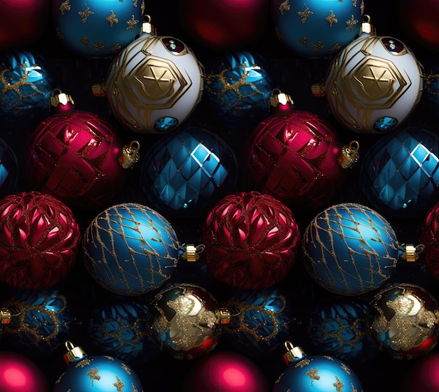AI generiert Bunte Weihnachtsschmuck Weihnachtshintergrund mit roten und schwarzen Kugeln