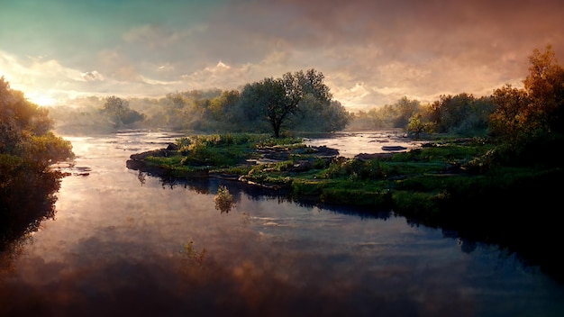 AI generiert ein Foto mit Blick auf den Fluss und Sonnenuntergang