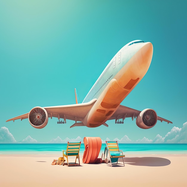 Ai generiert Illustration von Urlaub am tropischen Sonnenstrand und schönem Sand mit dem Flugzeug