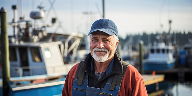 Foto ai-generierte ai-generative senior männliche erwachsene person gesicht porträt fischer kapitän am holz dock