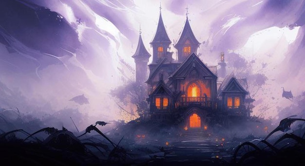 AI generierte Halloween-Themenelement-Nachtstadt-Illustration-Splash-Art-Hintergrund