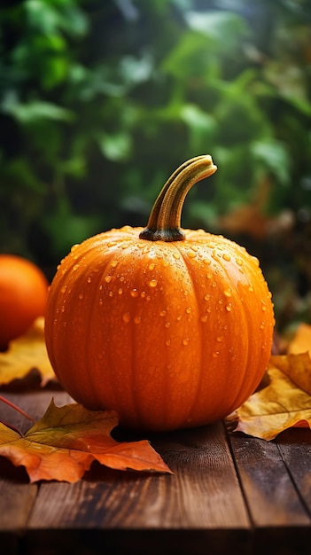 AI-generierte Herbst-Orange-Kürbis mit Ahornblättern über Holz-Tisch-Hintergrund Thanksgiving-Ernte-Design-Konzept