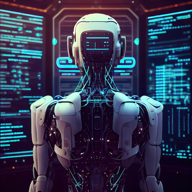 Ai generierte Illustration Cyborg-Rückansicht mit Blick auf den holografischen Touchscreen