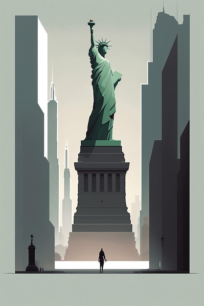 Ai generierte Illustration der Skyline der Freiheitsstatue von New York City mit Menschen, die auf der Straße gehen