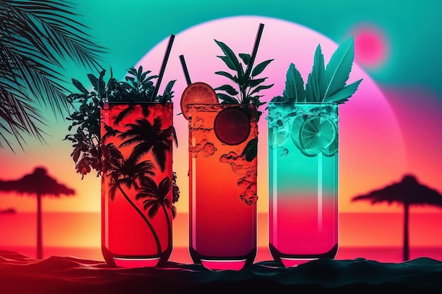 Ai generierte Illustration Eine Reihe bunter Cocktails an einem tropischen Strand bei Sonnenuntergang