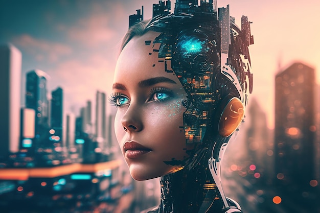 Ai generierte Illustration einer Cyborg-Frau mit künstlicher Intelligenz in einer futuristischen Cyberpunk-Neonstadt