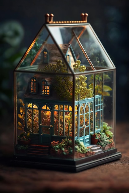 Ai-generierte Illustration, elegantes Gewächshaus mit Glasfenstern, die üppige Pflanzenwelt zur Schau stellen