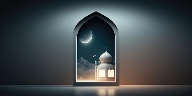 Ai generierte Illustration festliche Grußkarte für den muslimischen heiligen Monat Ramadan Kareem mit Moschee und Halbmond