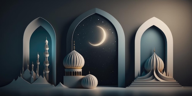Ai generierte Illustration festliche Grußkarte für den muslimischen heiligen Monat Ramadan Kareem mit Moschee und Halbmond