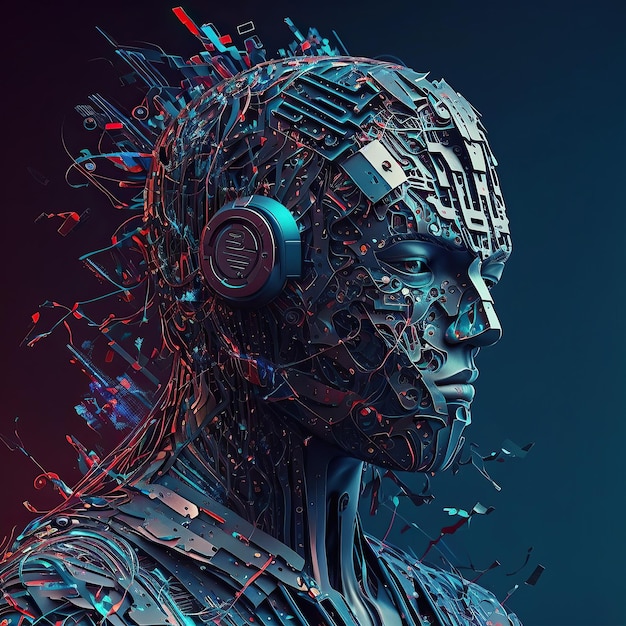 Ai generierte Illustration Künstliche Intelligenz Ein Mikrochip im Kopf des Cyborgs