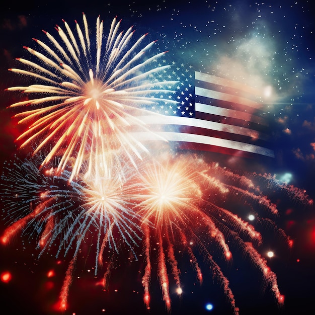 Ai generierte Illustration Patriotischer Geist der Flagge der Vereinigten Staaten vor einem bunten Feuerwerk