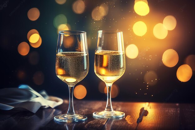 Ai generierte Illustration Zwei Gläser Champagner auf dunklem Hintergrund