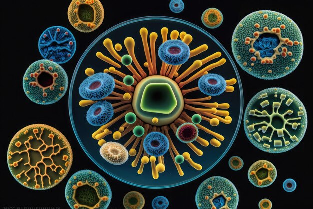 AI generierte medizinische Illustration von Viren, Bakterien, Mikroben, Krebszellen, isoliert in verschiedenen Farben