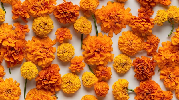 Foto ai generierte orange ringelblumen auf orangefarbenem hintergrund ansicht von oben flach liegend