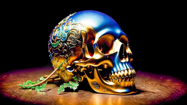 Foto ai-generierter schädel metallic leuchtende, lebendige farben 3d-illustration von science-fiction-cyberpunk-schädel mit cyborg-dark-fantasy-design