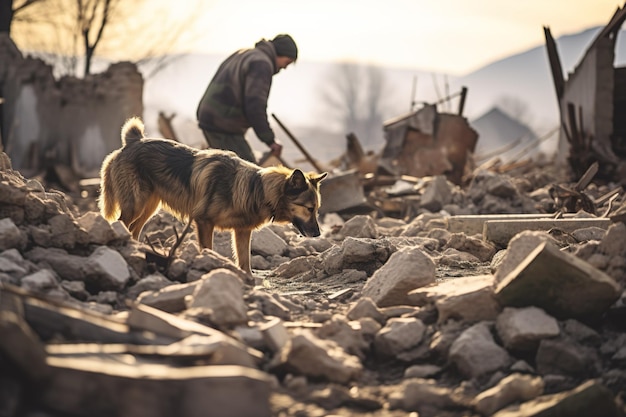 Ai-generiertes Bild eines Rettungshundes auf einer Ruine. Hochwertiges Foto