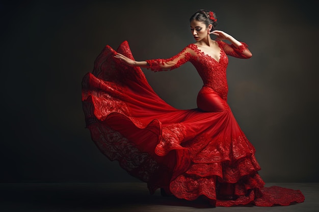 AI generiertes Bild Schöne Flamenco-Tänzerin in rotem Kleid und dunklem Hintergrund
