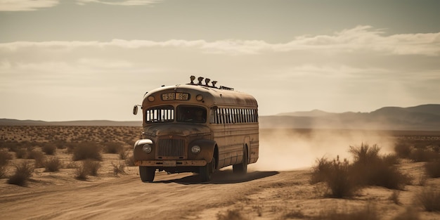 AI generó AI Generative Photo ilustración realista de viajar en autobús en el desierto