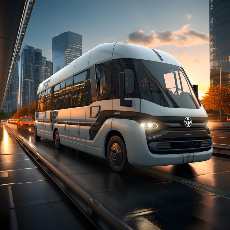 Foto ai generó autobús moderno ciudad puesta de sol 3d render entorno urbano transporte transporte público