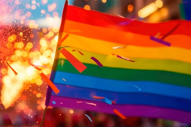 AI generó banderas de primer plano del arco iris de la comunidad LGBT que soplan en el viento en la calle del desfile gay