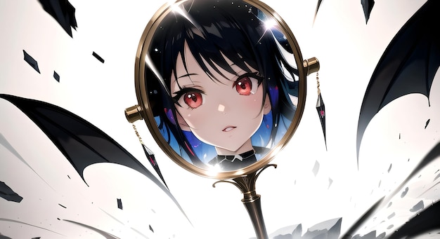 AI generó una chica gótica de anime con cabello negro en un espejo