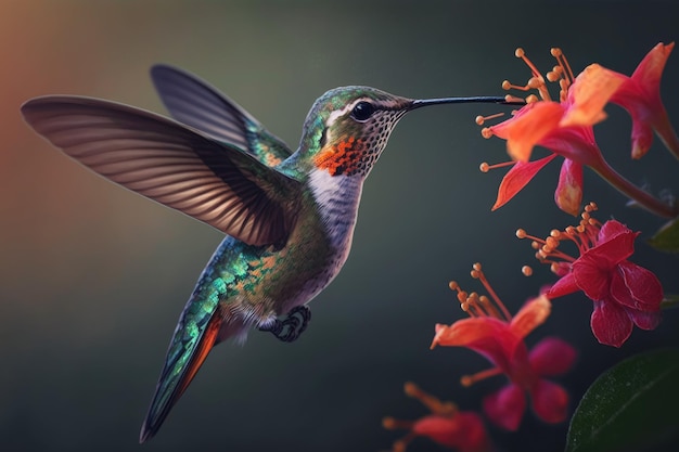 AI generó un colibrí en vuelo sumergiendo su pico en una flor para beber su néctar