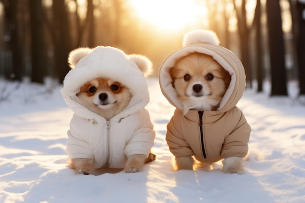 Foto ai generó dos perros pequeños y lindos vestidos con ropa cálida de invierno caminando en un bosque nevado.