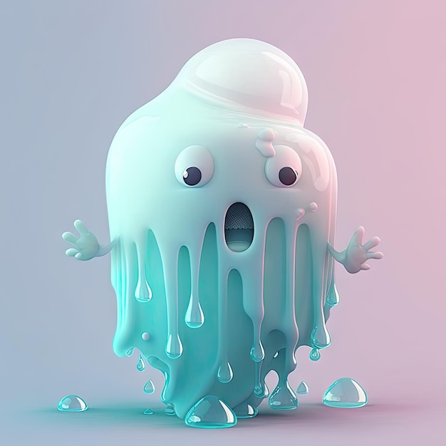 AI generó un fantasma divertido derretido o un monstruo aterrador con limo goteante. Criatura de gelatina derretida espeluznante. Halloween y fantasma brillante o monstruo de limo aterrador. Linda mascota o personaje realista.