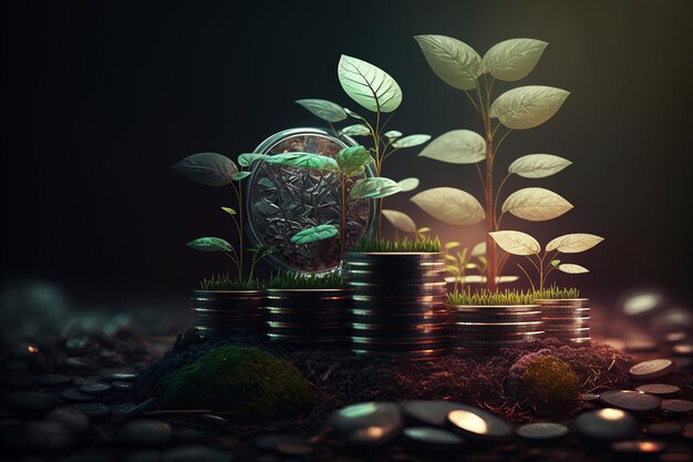 Ai generó una fila de ilustración de pilas de monedas con una planta que crece de ellas