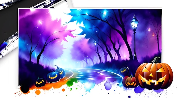 AI generó fondo de arte de salpicaduras de pintura de agua de noche de ciudad temática de halloween