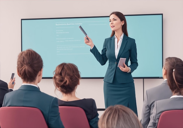 Ai generó una foto de una empresaria que comparte su experiencia en un seminario de negocios.