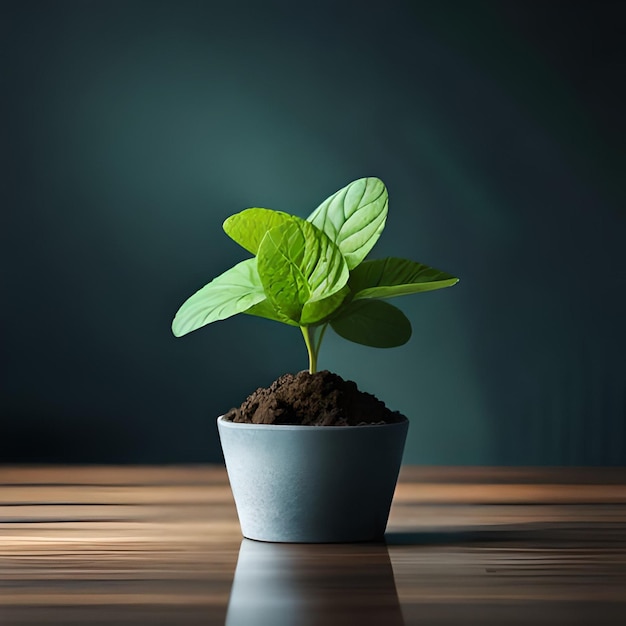 Ai generó una foto ilustrativa de una planta de menta en crecimiento en una maceta verde con suelo arcilloso colocado en la mesa