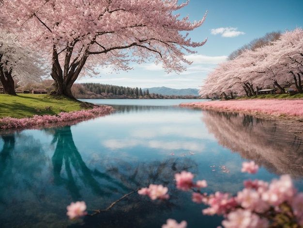 Ai generó una foto de un lago sereno que refleja el cielo azul brillante y el delicado árbol de cerezas en flor