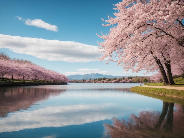 Ai generó una foto de un lago sereno que refleja el cielo azul brillante y el delicado árbol de cerezas en flor