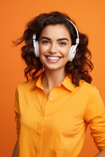 Foto ai generó una hermosa mujer sonriente con auriculares de color amarillo claro