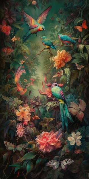 AI generó Hermosa pintura al óleo realista de la jungla con pájaros y flores multicolores