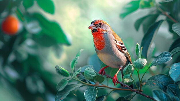 Foto ai generó un hermoso pájaro macho de pinzón cebra encaramado en una ramita con hojas de neón foto a color