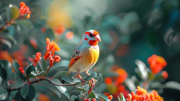 AI generó un hermoso pájaro macho de pinzón cebra encaramado en una ramita con hojas de neón foto a color