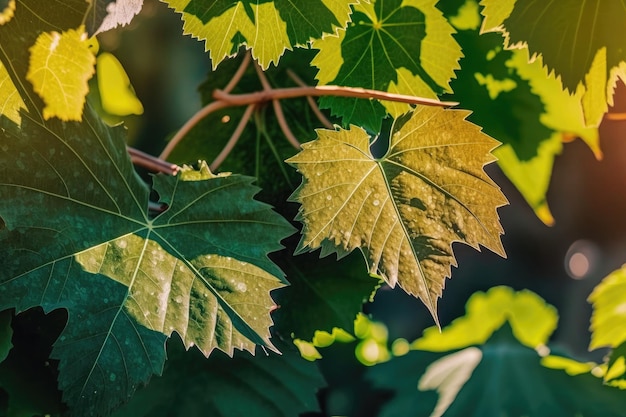 AI generó hojas de uva naturales verdes sobre fondo fresco de primavera