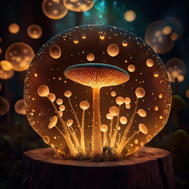 Ai generó hongos mágicos esporas brillantes hongos en el bosque de fantasía Toadstool hongos de cuento de hadas computadora generada imagen huellas de esporas neuronales hongos con burbujas misteriosas