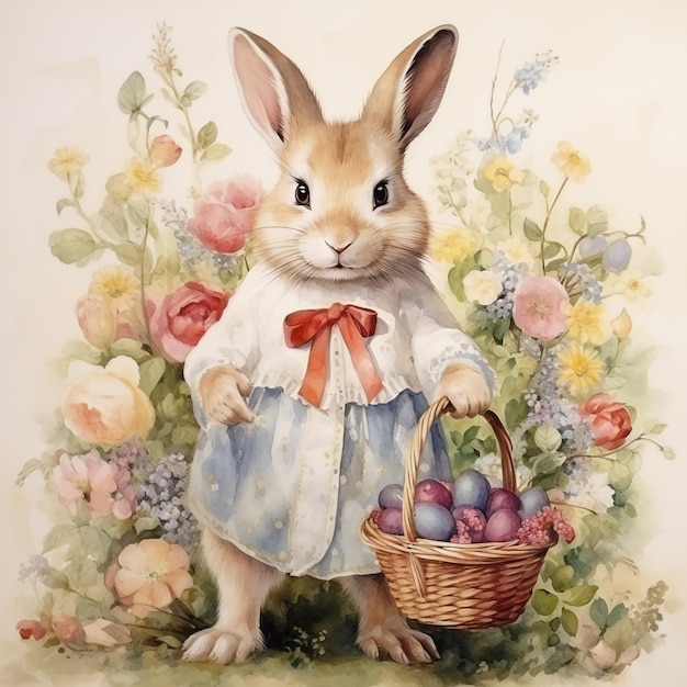 Ai generó una ilustración en acuarela del conejo de Pascua en un vestido con una canasta de huevos de colores