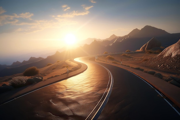 Ai generó una ilustración de una carretera en las montañas con una vista en perspectiva infinita