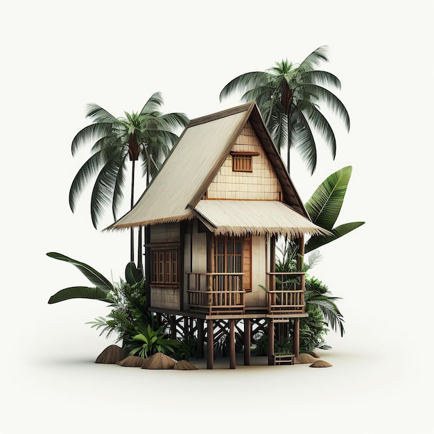 Ai generó una ilustración de una casa tropical malaya de madera con una palmera