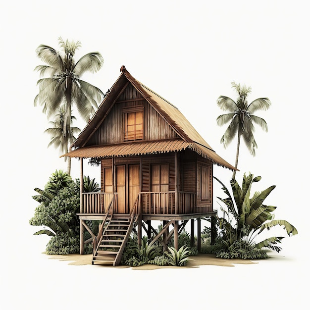 Ai generó una ilustración de una casa tropical malaya de madera con una palmera