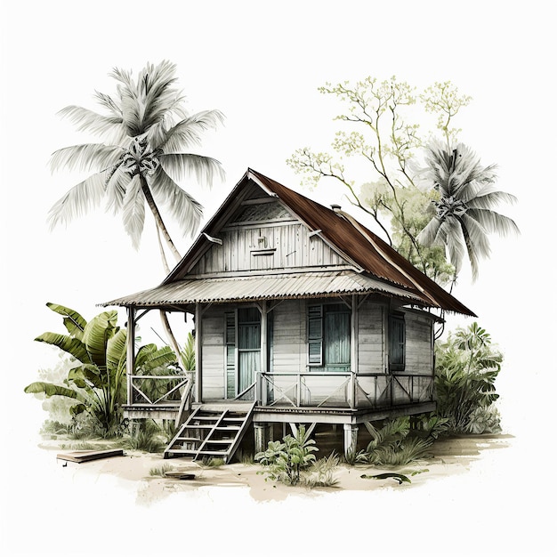 Ai generó una ilustración de una casa tropical malaya de madera con una palmera