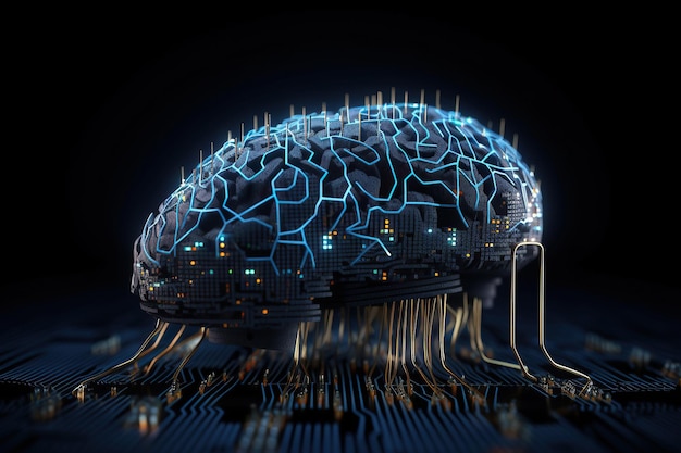 Ai generó una ilustración de un chip electrónico ai en forma de cerebro humano en el ciberespacio