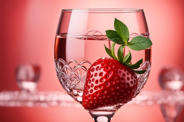 Ai generó una ilustración de una copa de champán rosado maduro fresas jugosas en un vaso con rosa